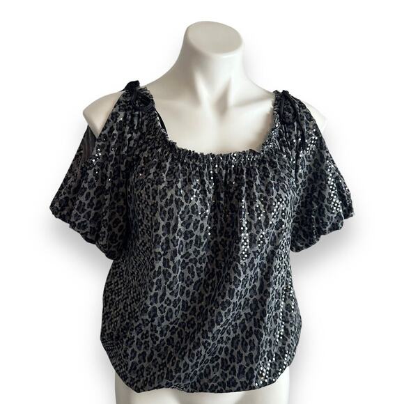 Express Top Sz M Animal Leopard Print Sequins Black Gray Mob Wife Y2K Glam Rock - Picture 13 of 13